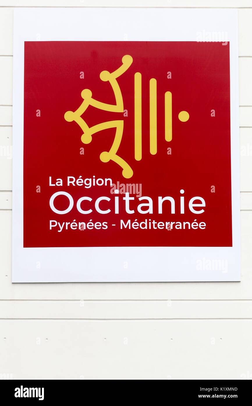 Montpellier, Francia - 31 maggio 2017: occitanie regione in Francia segno su una parete Foto Stock