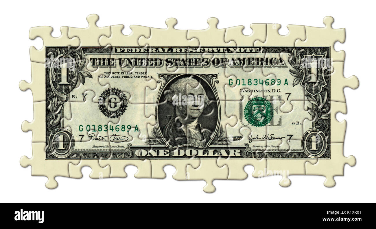 Illustrazione della foto di un Stati Uniti un dollaro ritoccate e ri-illustrata come un puzzle. Foto Stock