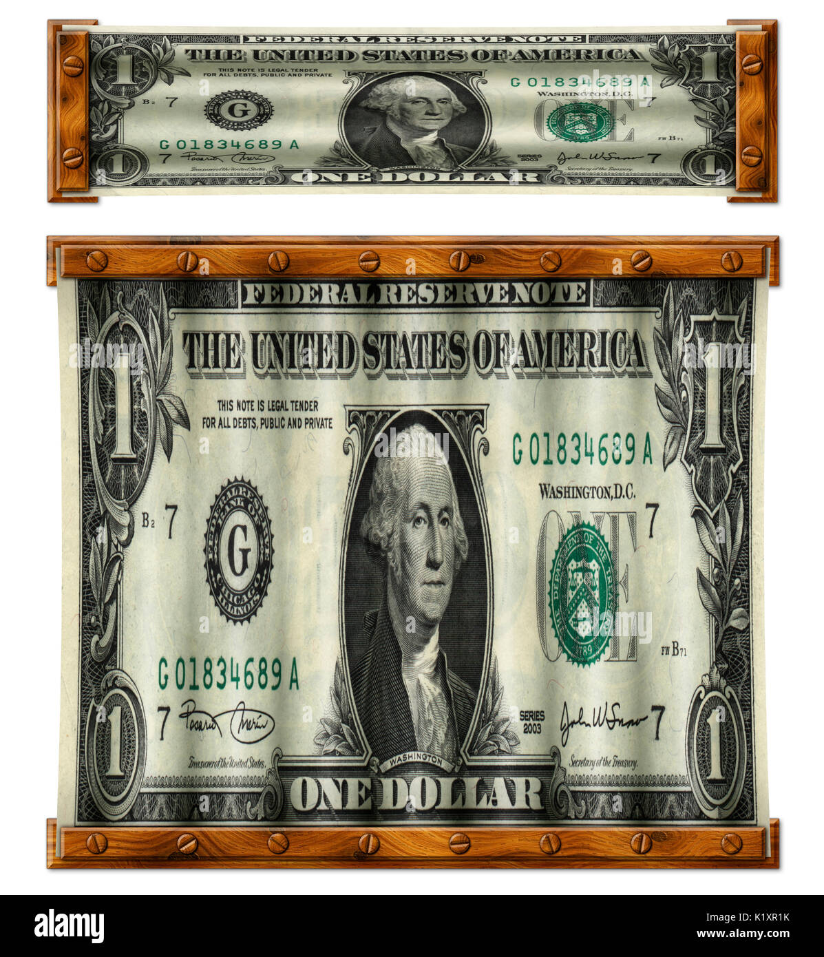 Illustrazione della foto del dollaro degli Stati Uniti bill ritoccata per apparire allungata orizzontalmente e verticalmente. Foto Stock