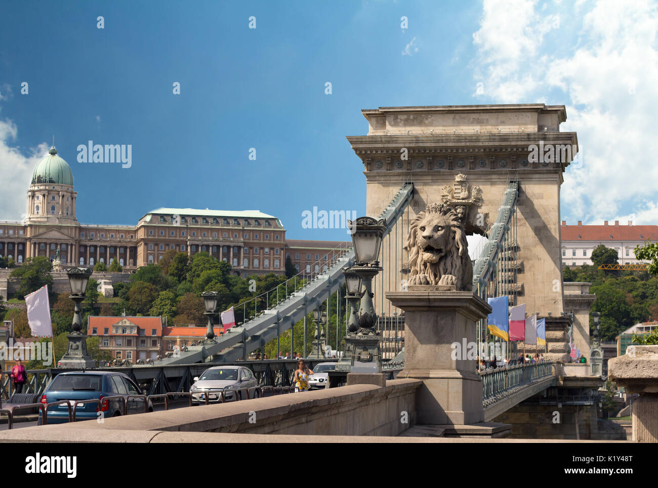 Budapest, lion statua decorare il ponte delle catene Foto Stock