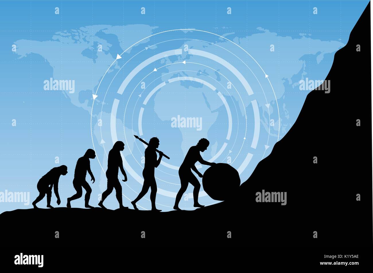 Evoluzione umana nella presente nel mondo digitale. Il rischio aziendale concetto! Silhouette di evoluzione umana in un modo negativo. Illustrazione Vettoriale