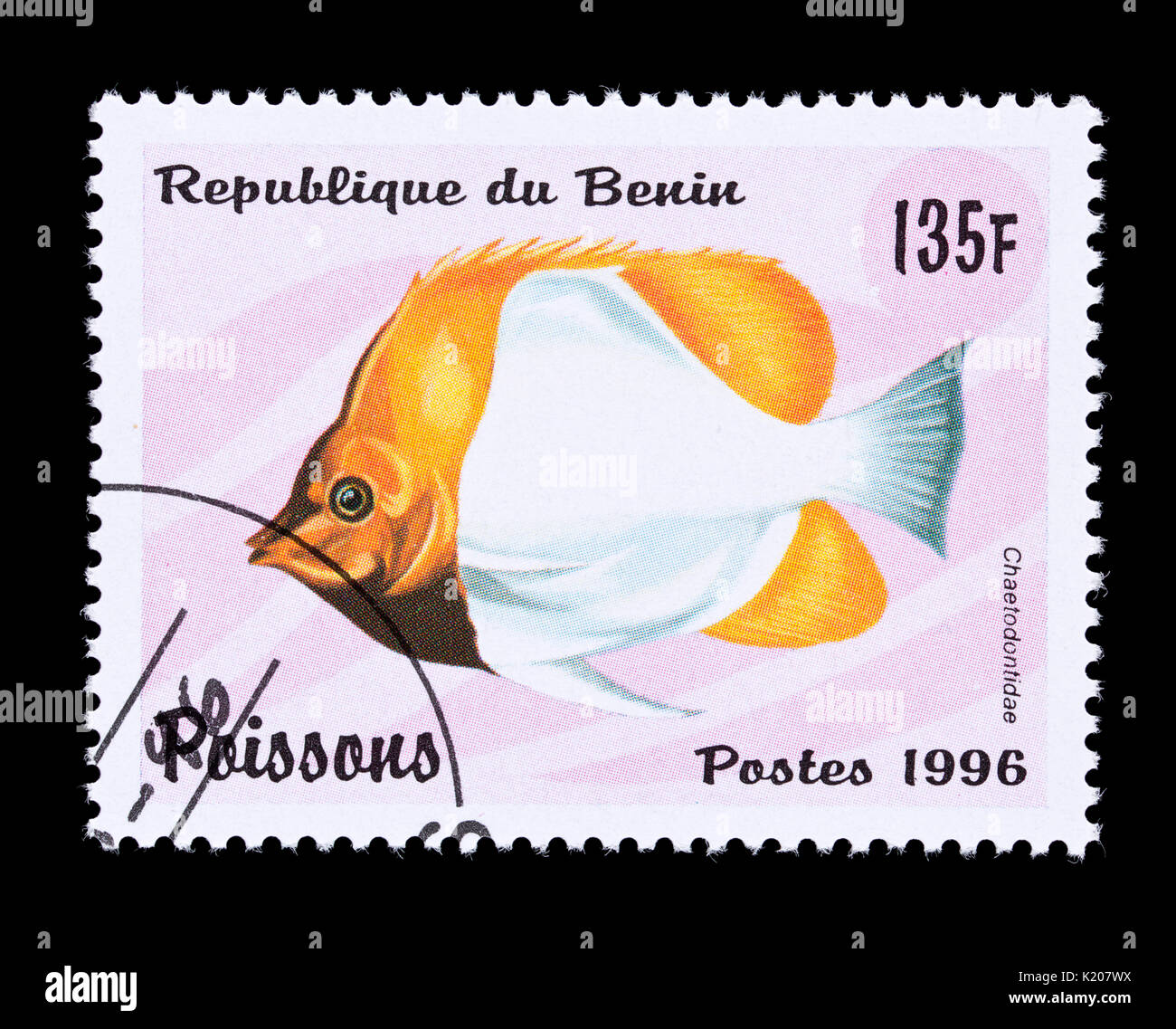 Francobollo dal Benin raffigurante un rappresentante butterflyfish da Chaetodontidae Foto Stock