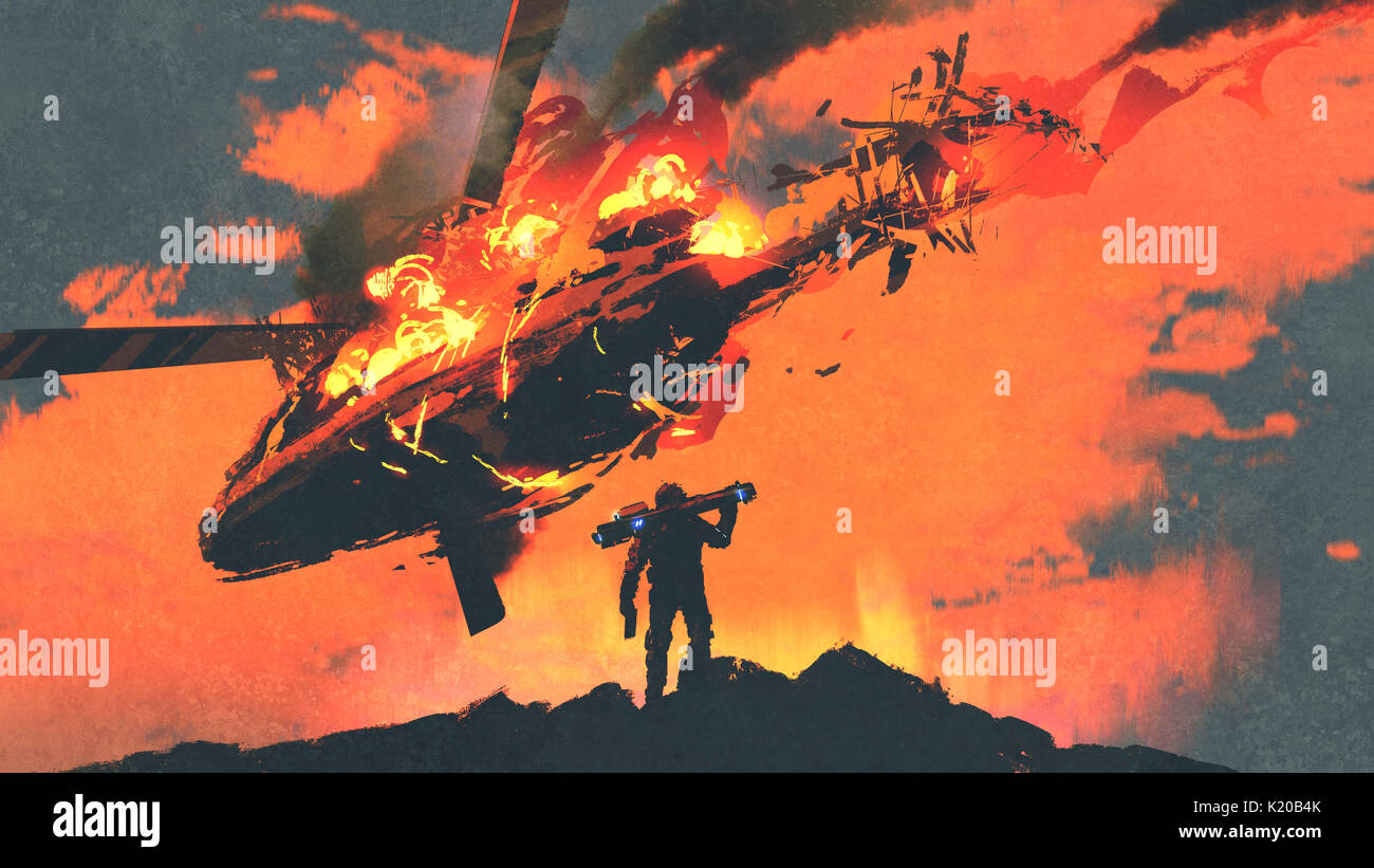 Uomo con lanciarazzi in piedi contro la bruciatura la caduta di un elicottero, arte digitale stile, illustrazione pittura Foto Stock