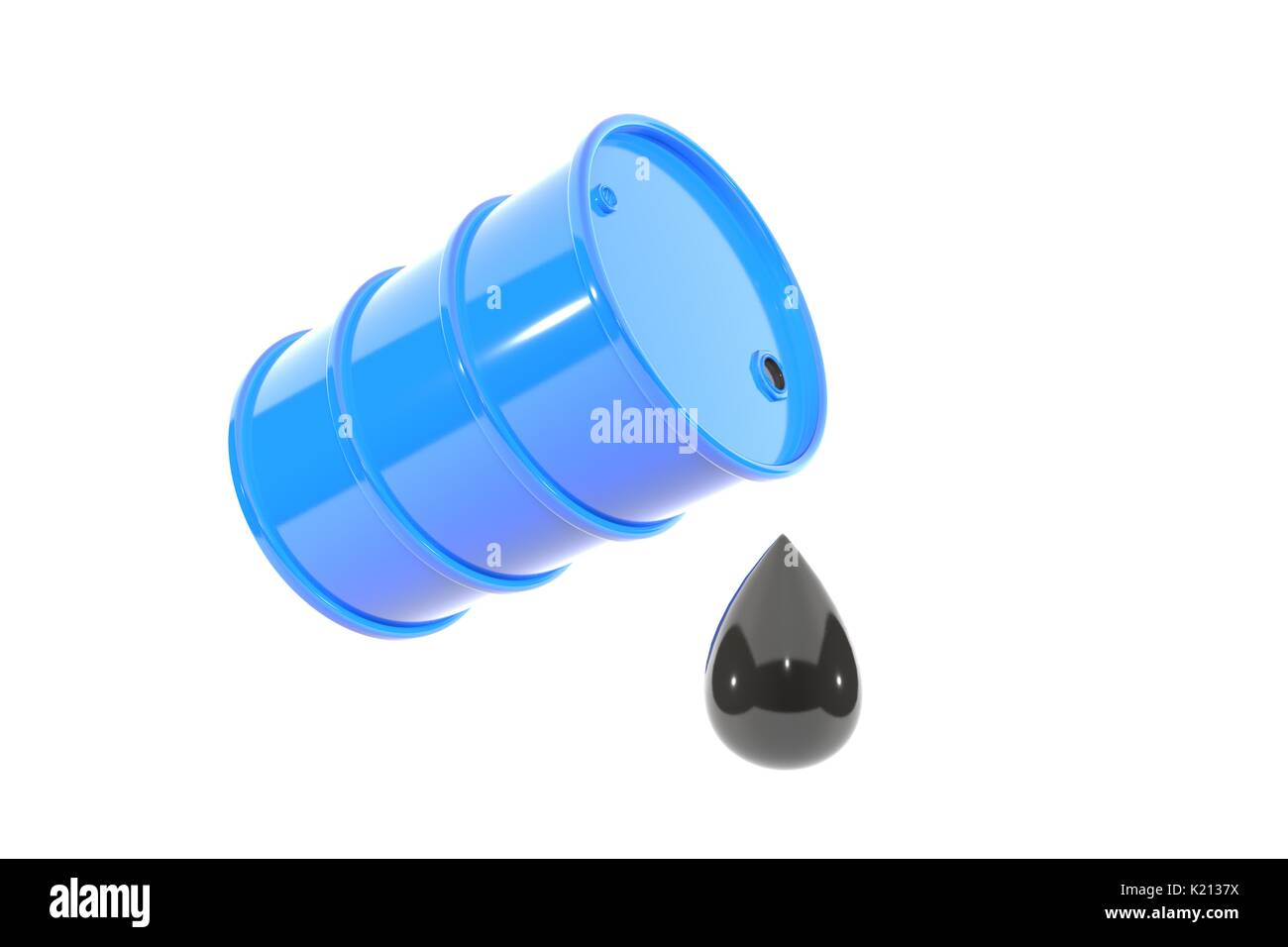 Blue canna metallica di benzina la punta di un enorme calo di olio gocciola verso il basso. Isolato su sfondo bianco con spazio vuoto per il testo. Foto Stock