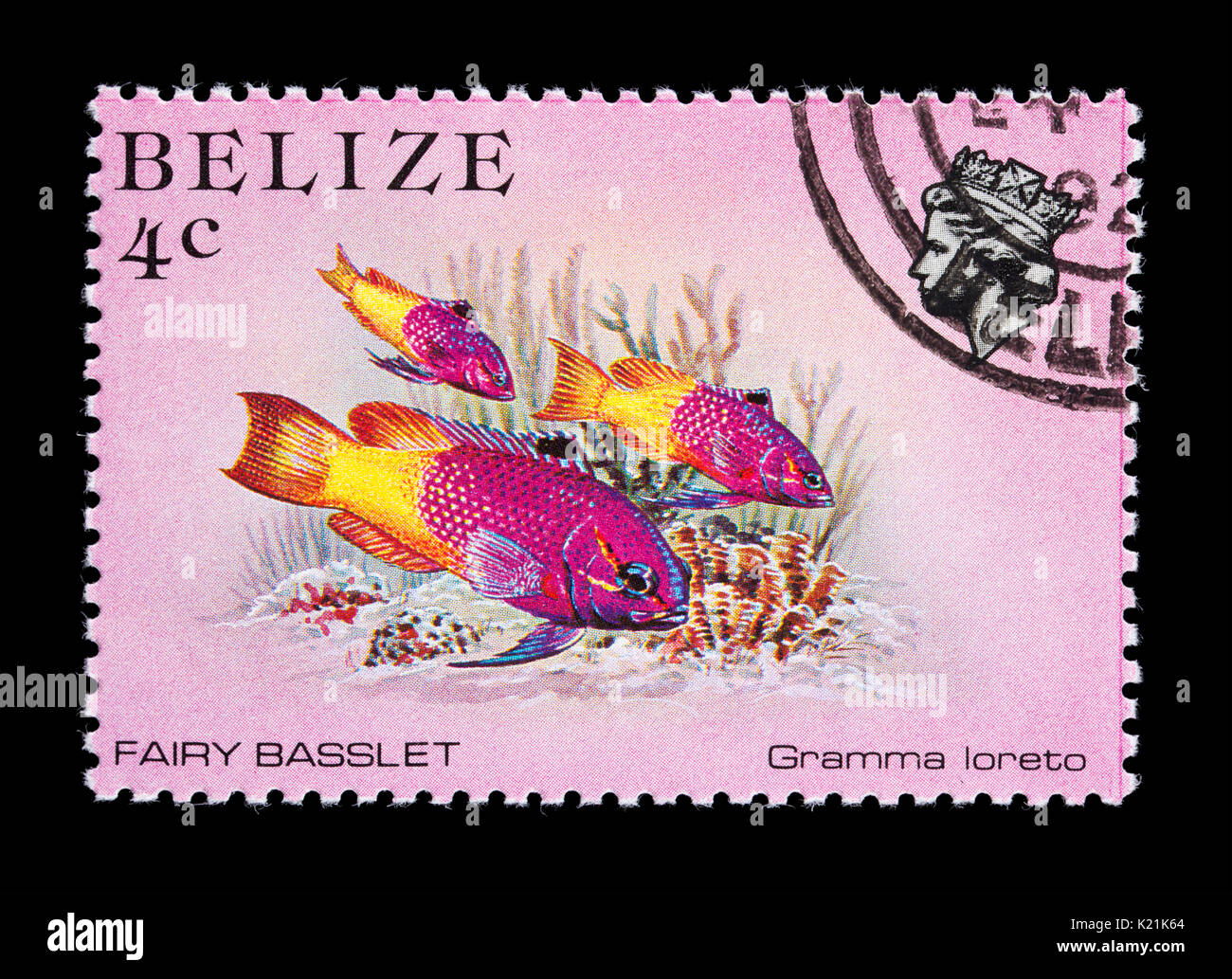 Francobollo dal Belize raffigurante una fata basslet (Gramma loreto) Foto Stock