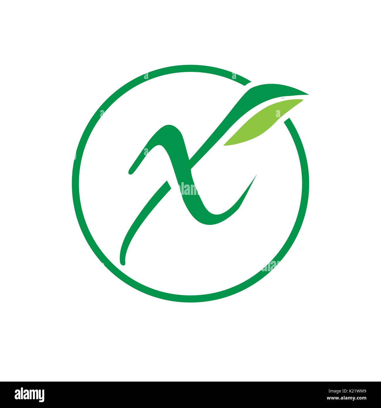Lettera X con foglia, naturale logo x, simbolo design, isolati su sfondo bianco. Illustrazione Vettoriale
