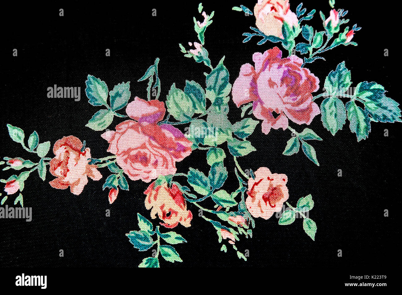 Su tessuti scuri funzione rose fiori e foglie. Foto Stock