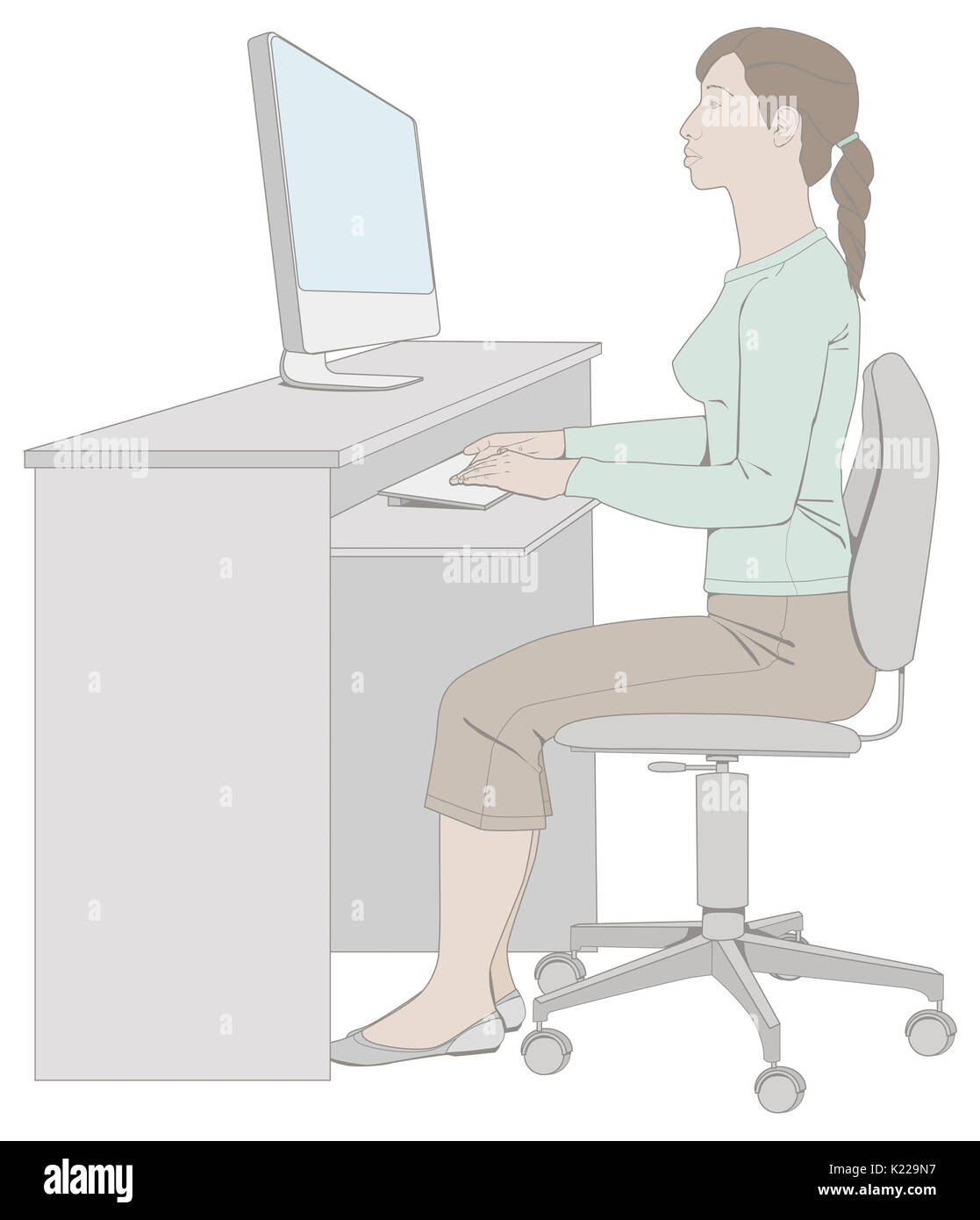 Mantenere una buona postura, soprattutto sul luogo di lavoro e dietro il volante della tua auto: indietro e testa diritta, gomiti piegati naturalmente. Il vostro lavoro sedia e la sede della vostra auto dovrebbe fornire il supporto per la parte bassa della schiena (aggiungere un supporto ortopedico, se necessario). Foto Stock