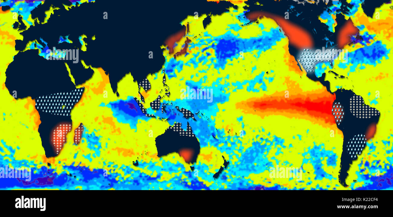 Durante El Niño, le acque del Pacifico orientale sono molto più calda rispetto al solito. La regione è influenzata da un sistema di depressione che provoca forti piogge, cicloni e inondazioni. Il sudovest degli Stati Uniti riceve anche una precipitazione abbondante. Allo stesso tempo, il Pacifico occidentale è influenzato da anticyclonic condizioni che riducono notevolmente il monsone. Sud-est asiatico così soffre la siccità di condizioni favorevoli per gli incendi boschivi. Molte regioni del pianeta (Canada, Giappone, sud-est di Australia, Africa) subiscono anche un notevole aumento della temperatura atmosferica. Foto Stock