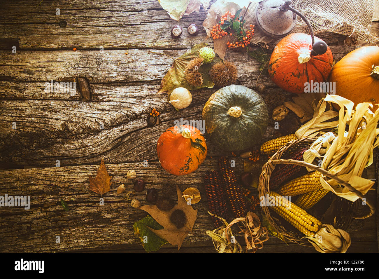 Cena di ringraziamento. In autunno la frutta con copyspace. Ringraziamento autunno sfondo Foto Stock