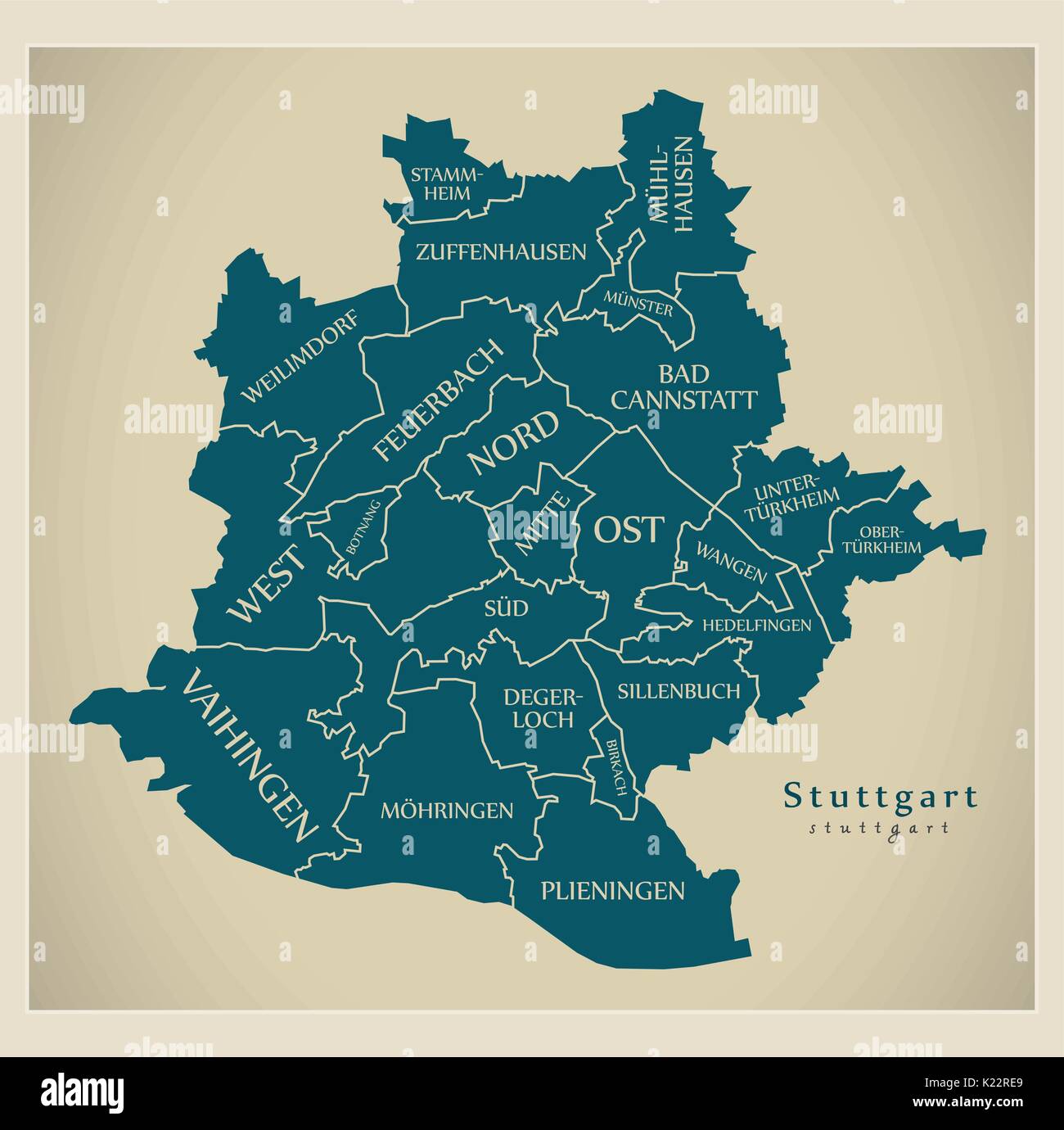 Città moderna mappa - Stoccarda città della Germania con comuni e titoli DE Illustrazione Vettoriale