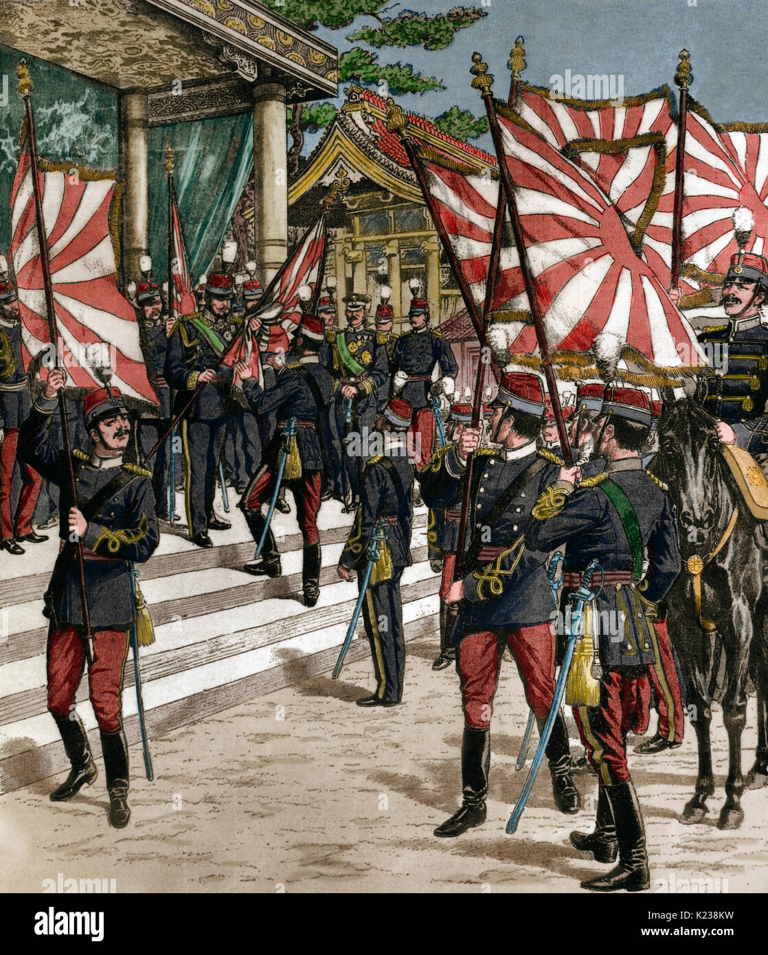 Guerra Russo-giapponese (1904-1905). I giapponesi imperatore Meiji (1852-1912) consegnando la bandiera per le sue truppe. Incisione. Colorati. Foto Stock