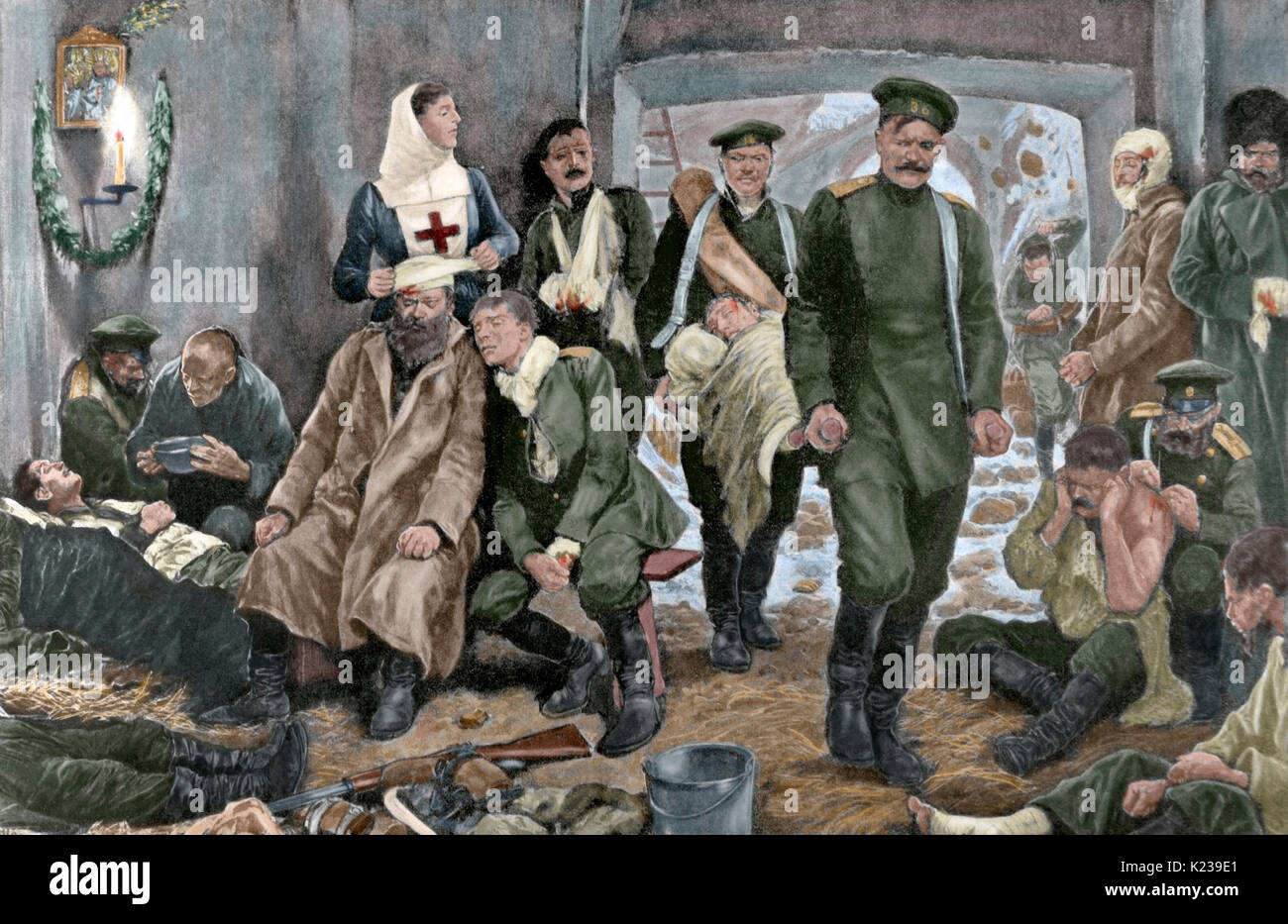 Guerra Russo-giapponese (1904-1905). Ospedale di campagna delle truppe russe in Manciuria. Arrivo di un ferito. Incisione di R. Caton Sir Alfred Hitchcock. 'La Ilustración Artistica', del xx secolo. Colorati. Foto Stock
