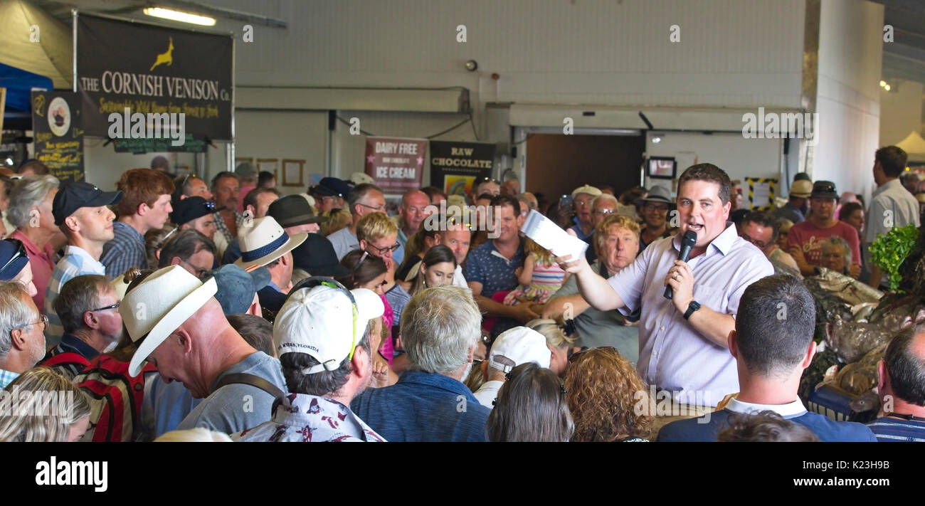 Newlyn, Cornwall, Regno Unito. 28 Agosto, 2017. Il pubblico l'asta del pesce a Newlyn Sagra del Pesce, Newlyn, Cornwall, Inghilterra, Regno Unito. Credito: Tony mills/Alamy Live News Foto Stock