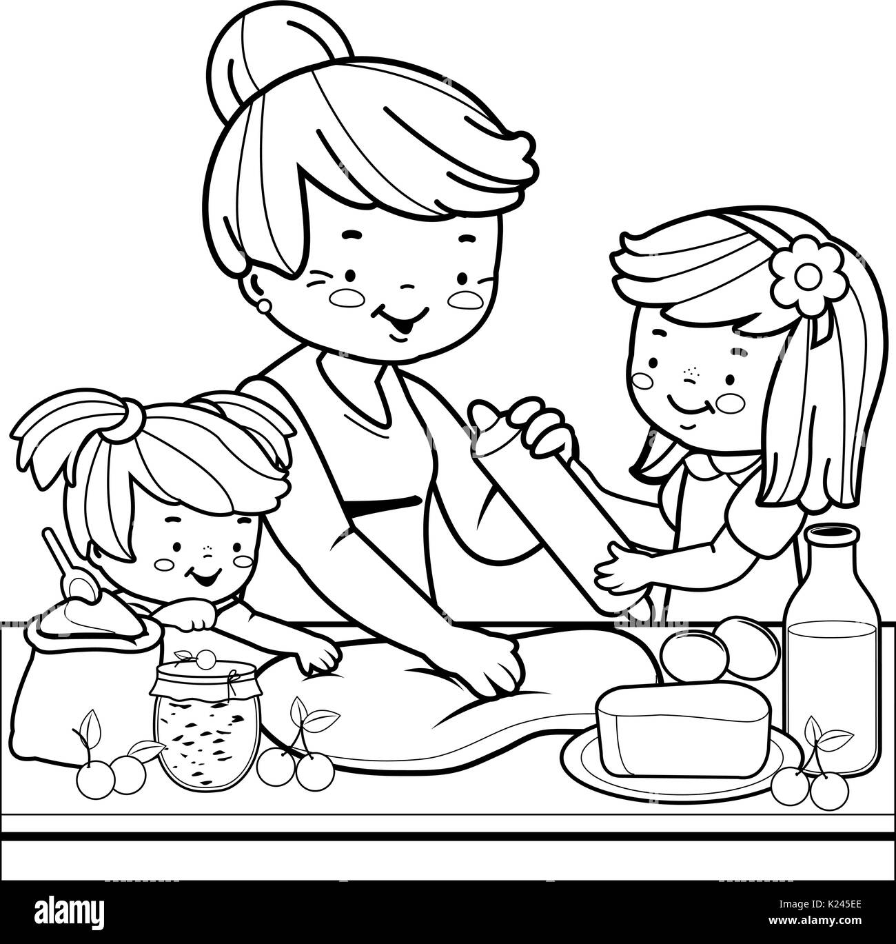 Nonna e figli cucinano in cucina. I bambini aiutano la nonna a preparare una torta. Buona cucina di famiglia a casa. Pagina di colorazione vettoriale in bianco e nero. Illustrazione Vettoriale