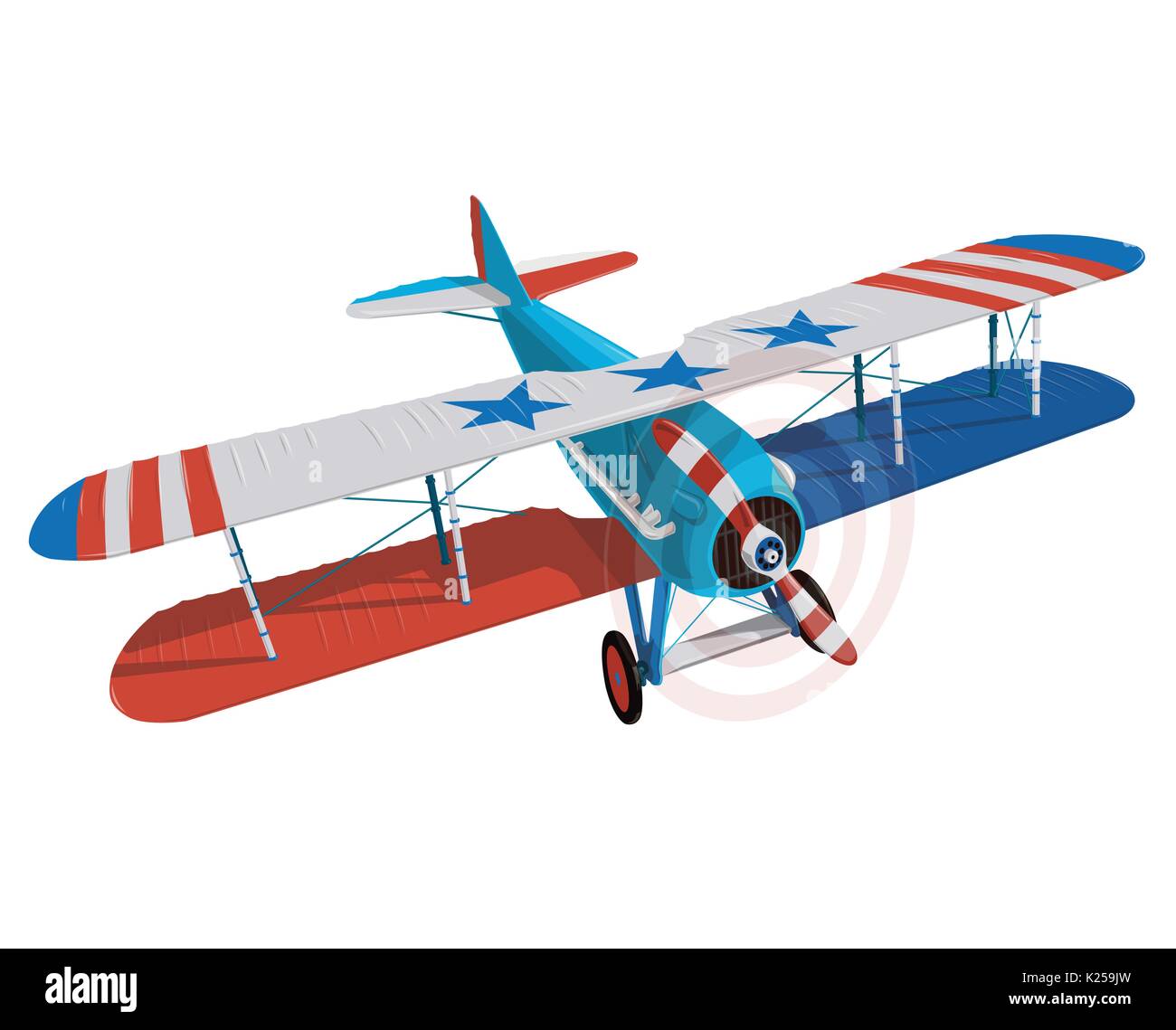 Vector biplano da guerra mondiale con i colori della bandiera degli Stati Uniti. Aereo modello elica con due ali. Vecchio retrò degli aeromobili progettati per il poster. Illustrazione Vettoriale