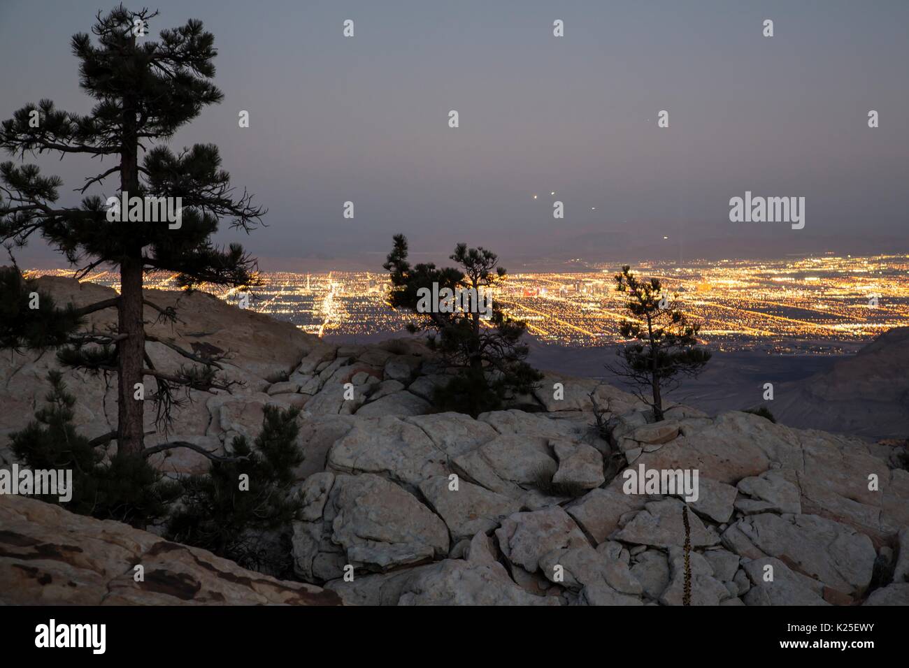 Il sole scende oltre le formazioni rocciose presso il Red Rock Canyon National Conservation Area con stagliano pinyon alberi di pino e dalle luci di Las Vegas nella distanza 26 Settembre 2016 vicino a Las Vegas, Nevada. Foto Stock