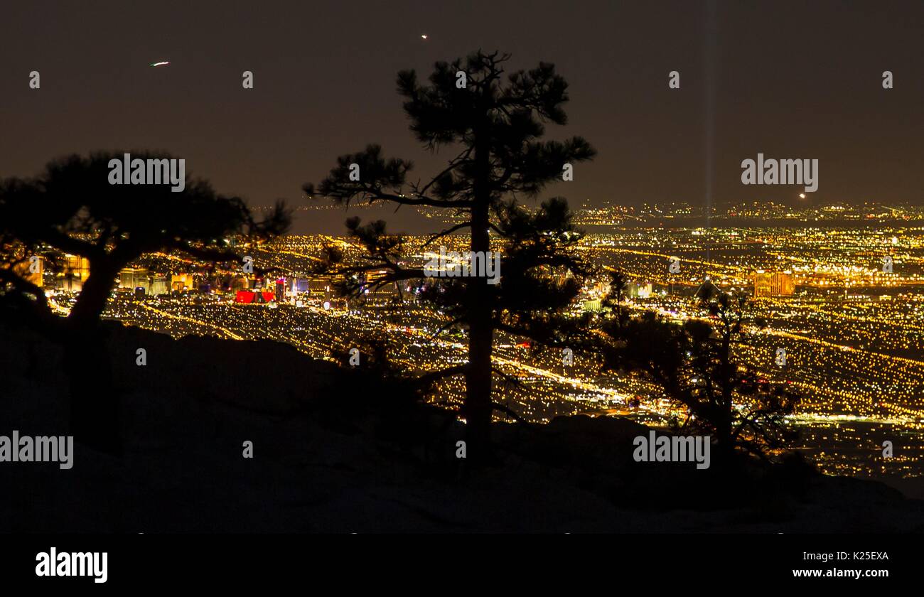Il sole scende oltre le formazioni rocciose presso il Red Rock Canyon National Conservation Area con stagliano pinyon alberi di pino e dalle luci di Las Vegas nella distanza 26 Settembre 2016 vicino a Las Vegas, Nevada. Foto Stock