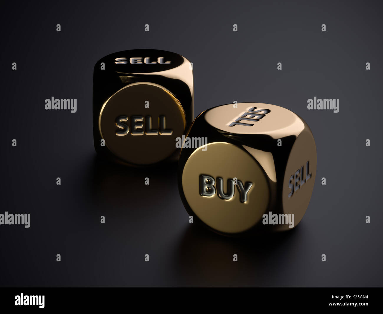 Compra vendita di golden plinti su sfondo nero. 3D rendering concetto di trading illustrazione Foto Stock