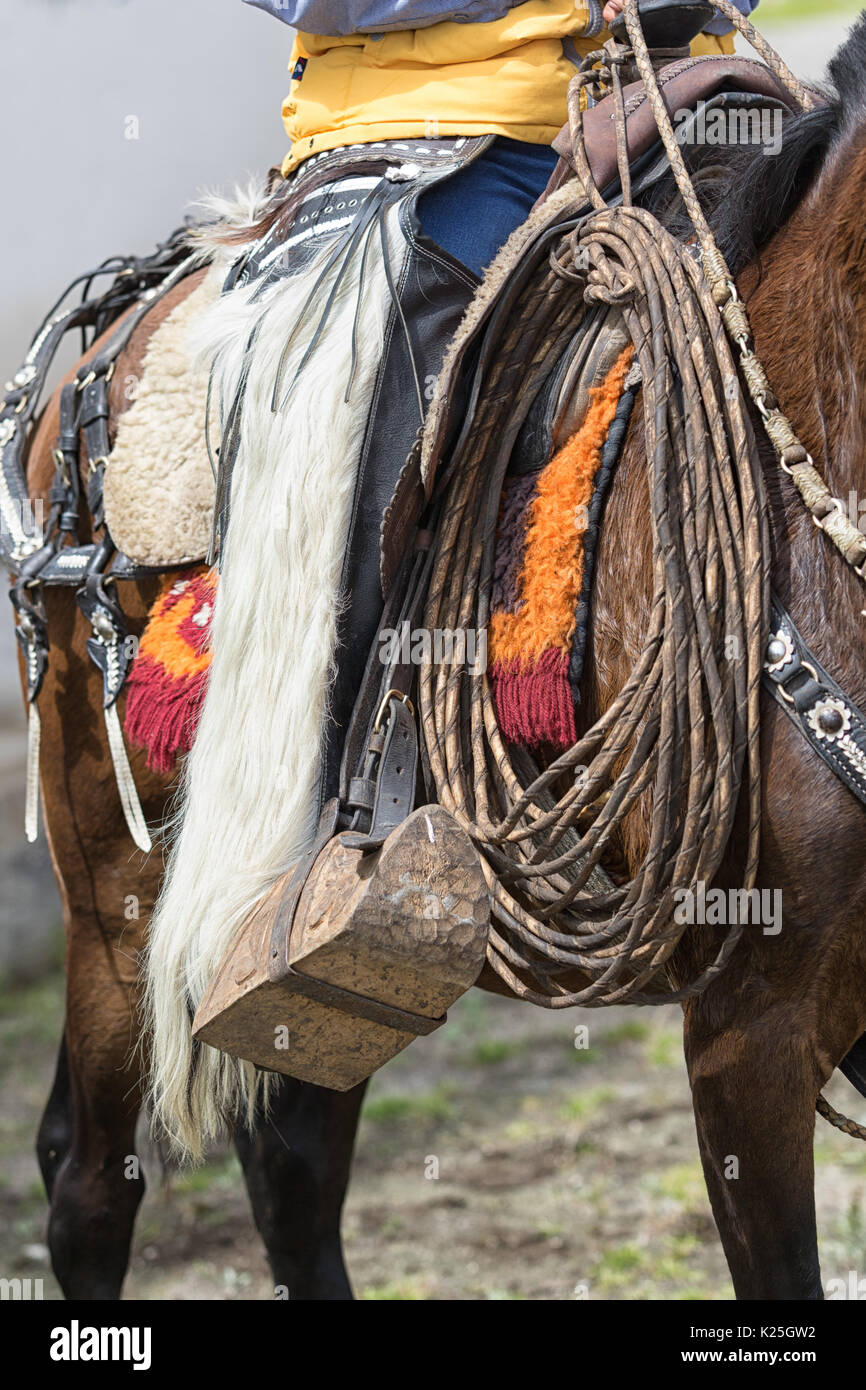Giugno 10, 2017 Toacazo, Ecuador: chaps tradizionale fatta di llama o pelliccia di pecora indossato dal cowboy locale nei rodei Foto Stock