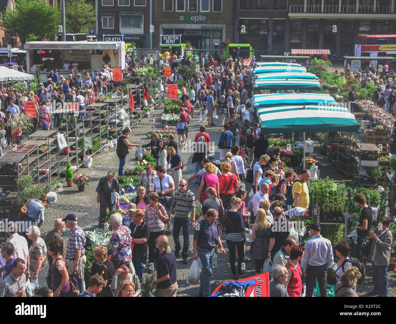 1: le persone sul mercato dei fiori annuali il Venerdì Santo a Groningen, Paesi Bassi Foto Stock