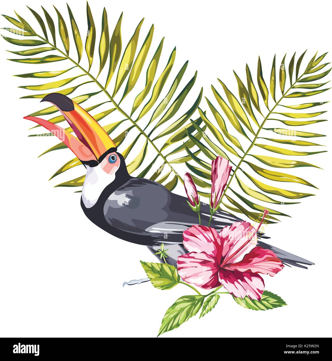 Toucan con fiori tropicali e foglia. Elemento per la progettazione di inviti, poster, tessuti e altri oggetti. Isolato su bianco. Illustrazione Vettoriale