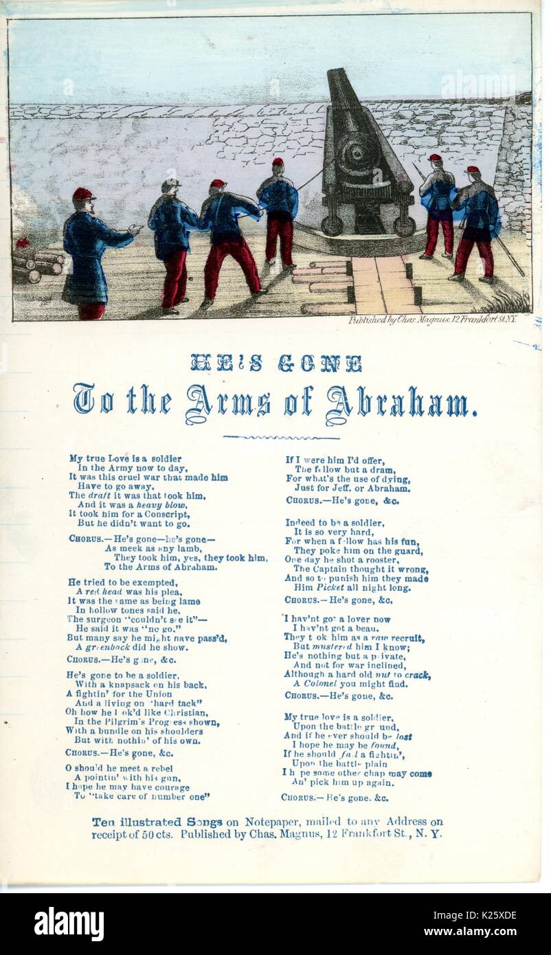 Costeggiata dalla guerra civile americana intitolata "Lui è andato ai bracci di Abramo", che descrive una donna di fidanzato o marito lasciando a combattere con la Union Army, New York New York, 1863. Foto Stock