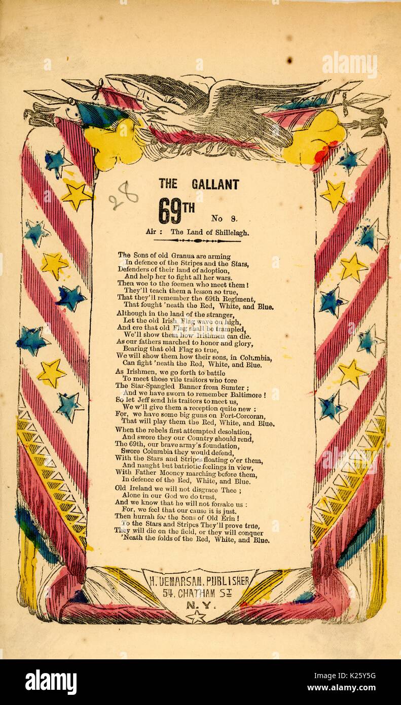 Costeggiata dalla guerra civile americana intitolata "L'Gallant 69th', glorificando l'Unione dell'esercito sessantanovesima reggimento, New York, New York, 1863. Foto Stock