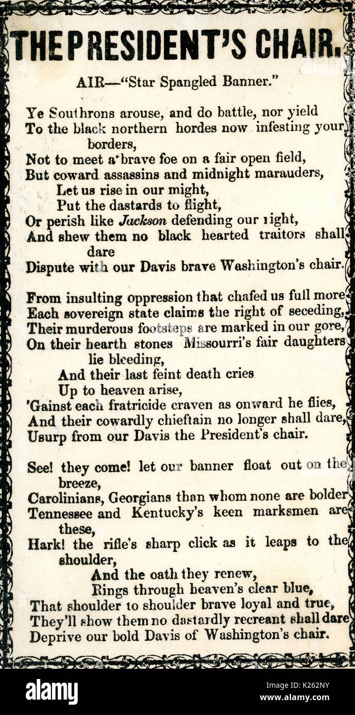 Costeggiata dalla guerra civile americana, intitolato "Il presidente della sedia, ' lodando la secessione del Sud e la volontà del presidente confederato Jefferson Davis a tenere la sua sede a Washington, 1861. Foto Stock