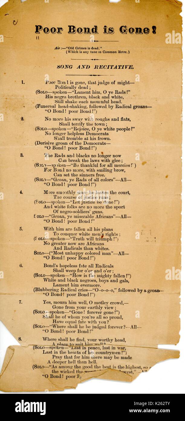 Costeggiata dalla guerra civile americana, intitolata "scarso legame è andato!" facendo un baffo della perdita del giudice Hiram Bond del nord che supporta African American diritti, 1870. Foto Stock