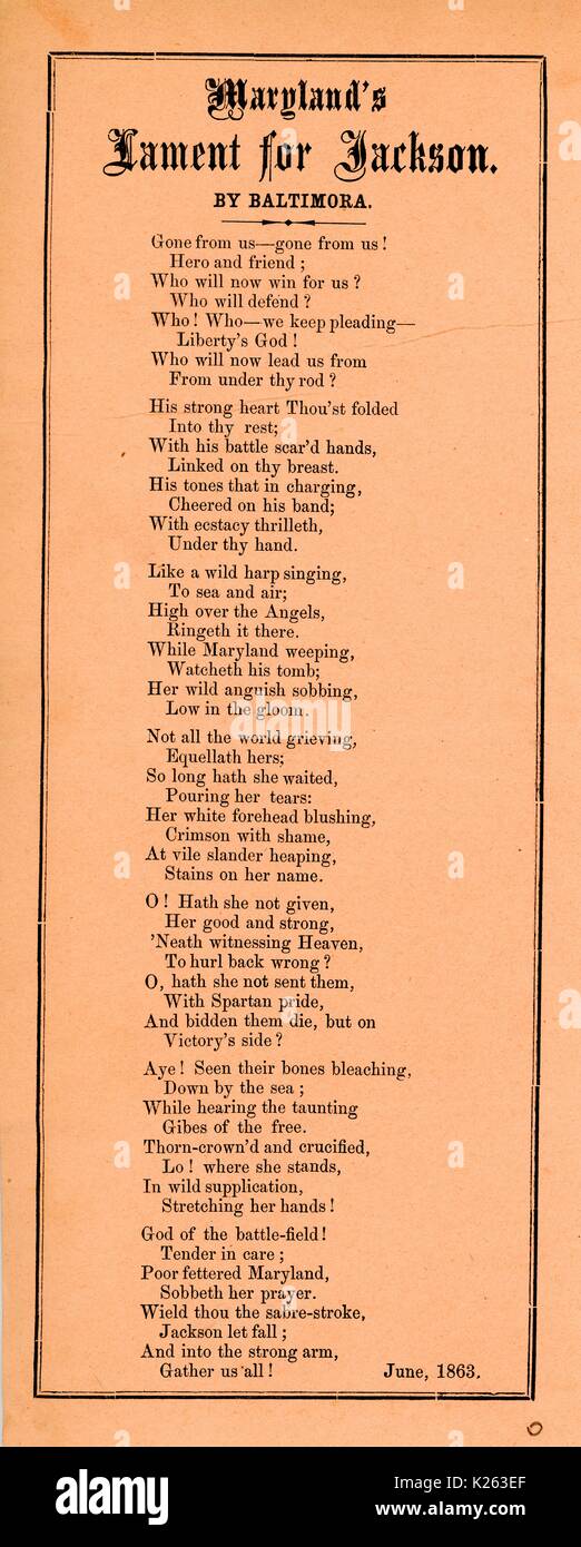 Costeggiata dalla guerra civile americana, intitolata "aryland il lamento di Jackson", dimostrando il Maryland è in lutto per la morte del generale confederato Stonewall Jackson, 1863. Foto Stock