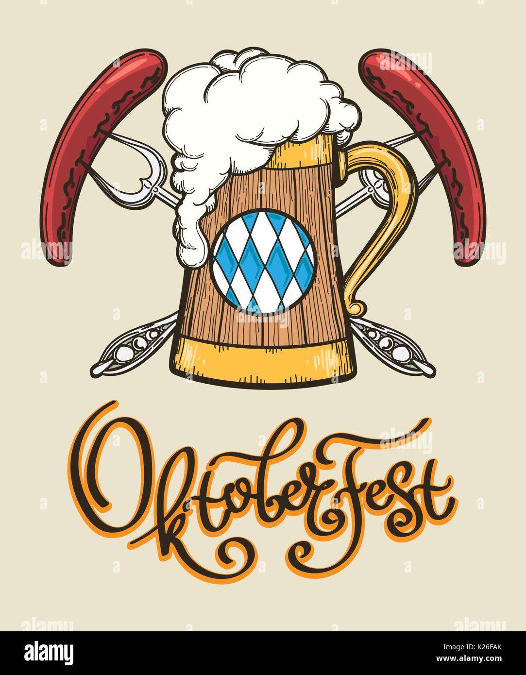 Retrò design Oktoberfest. Poster con boccale di birra e due salsicce sulle forcelle. Illustrazione Vettoriale. Illustrazione Vettoriale