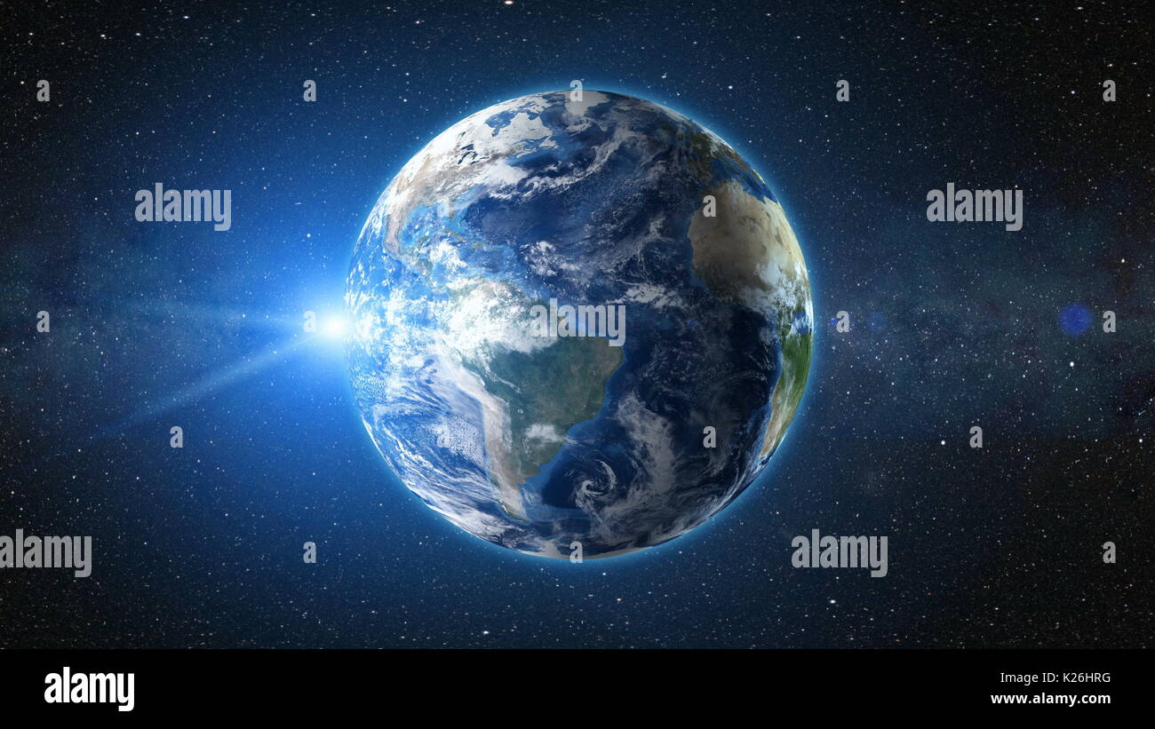 Sunrise vista dallo spazio sul Pianeta Terra. 3D Render Foto Stock
