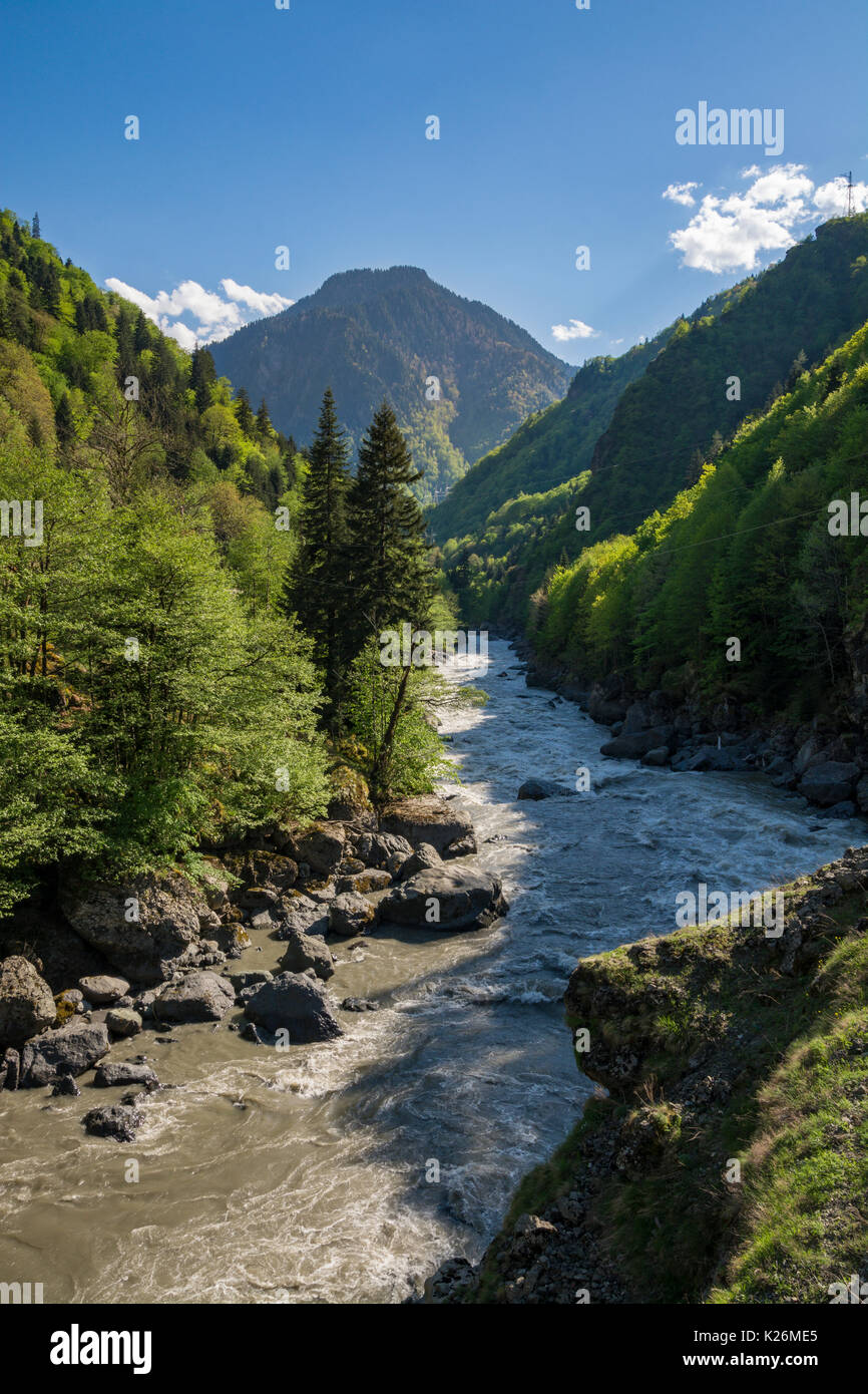 Vista del fiume Enguri alla testa della Enguri gorge in Alta Svaneti, Georgia Foto Stock