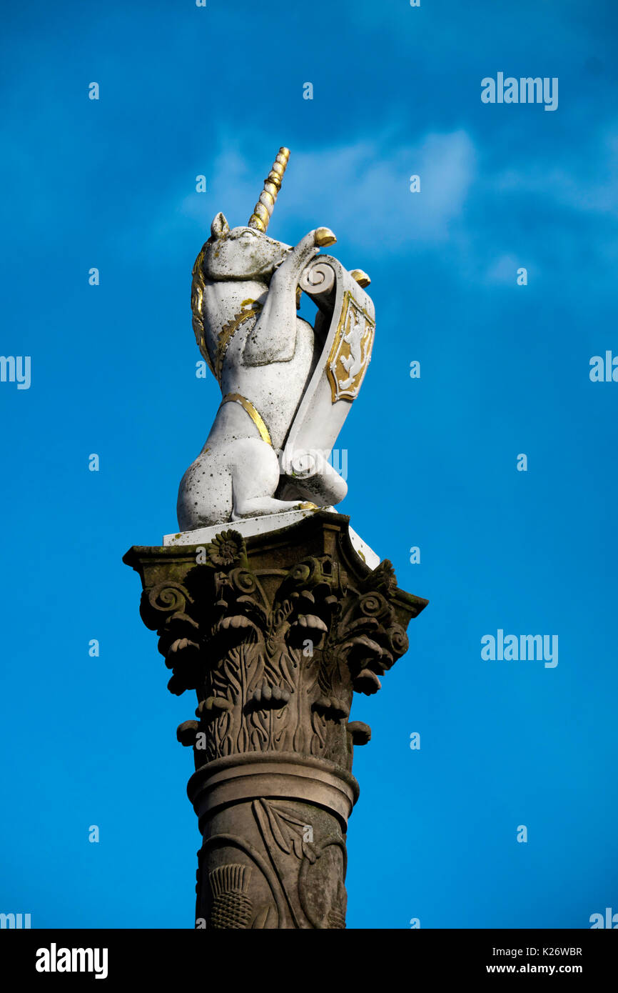 Colonna con unicorn, simbolo nazionale della Scozia, Aberdeen Scotland, Regno Unito Foto Stock