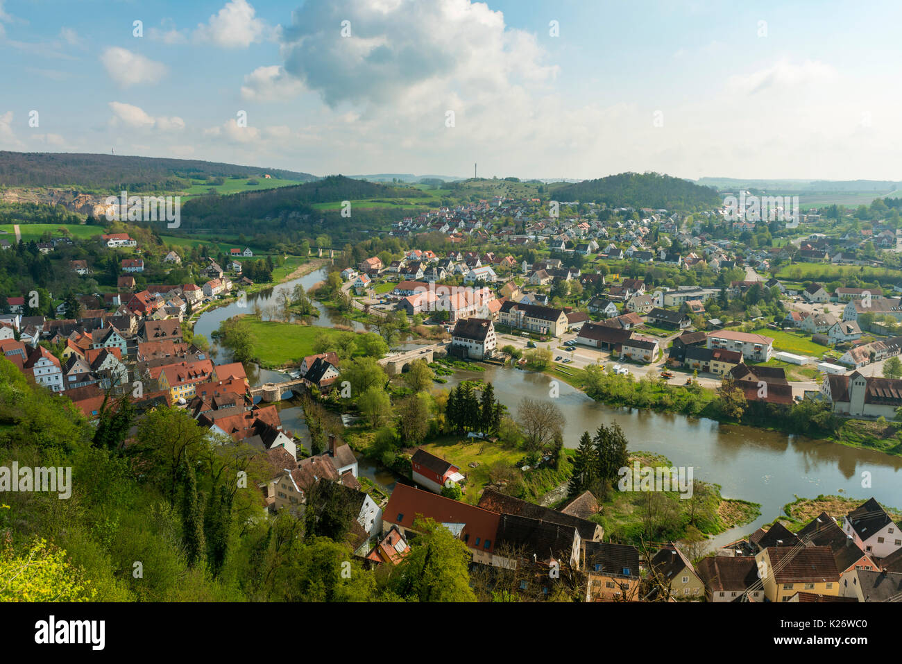 Vista di Harburg e il fiume Wörnitz, Donau-Ries, Baviera, Germania Foto Stock