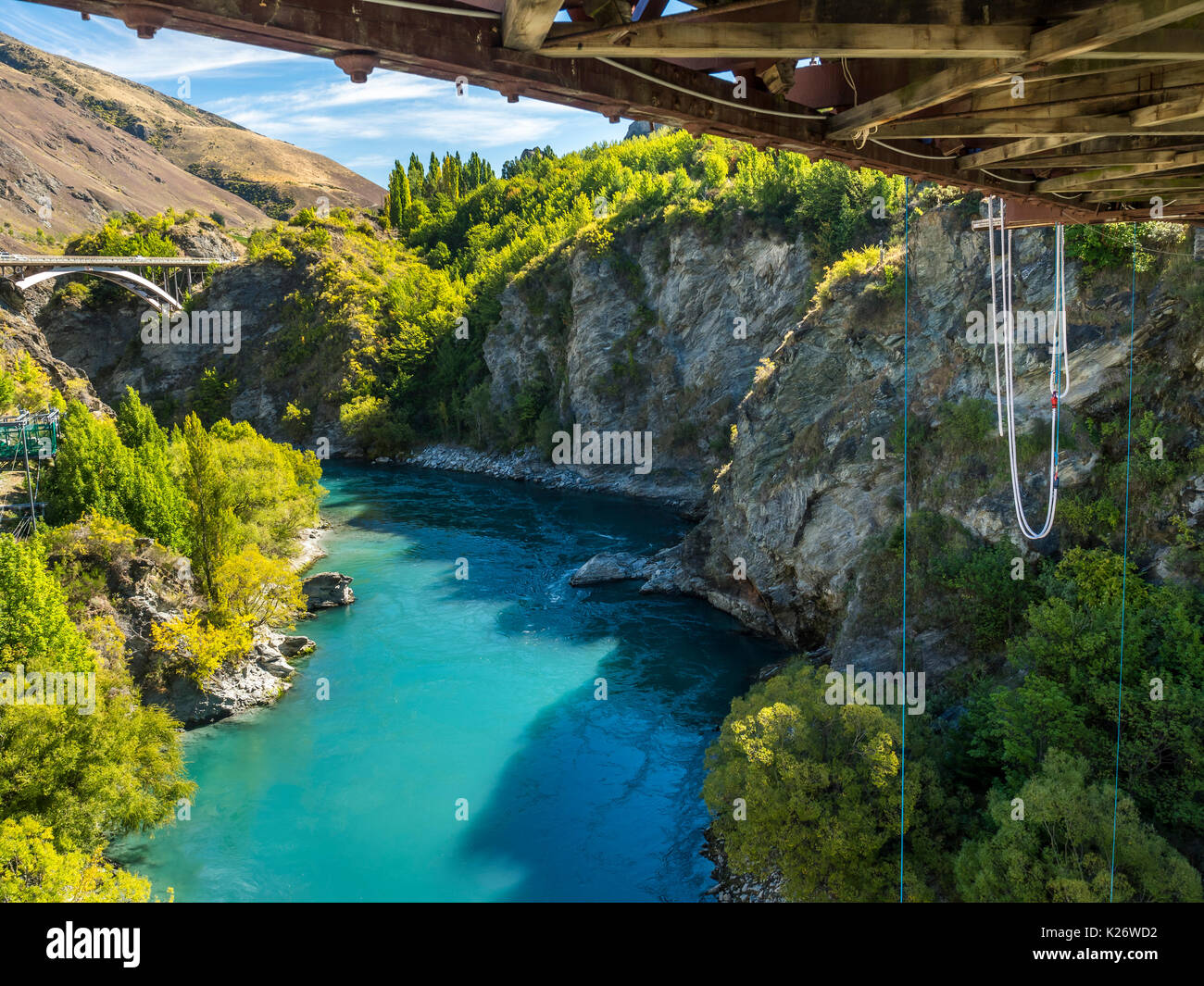 Bungee Jumping, Kawarau Suspension Bridge, Gola di Kawarau Canyon, Kawarau River, Destrict Lago Queenstown, Regione di Otago Foto Stock