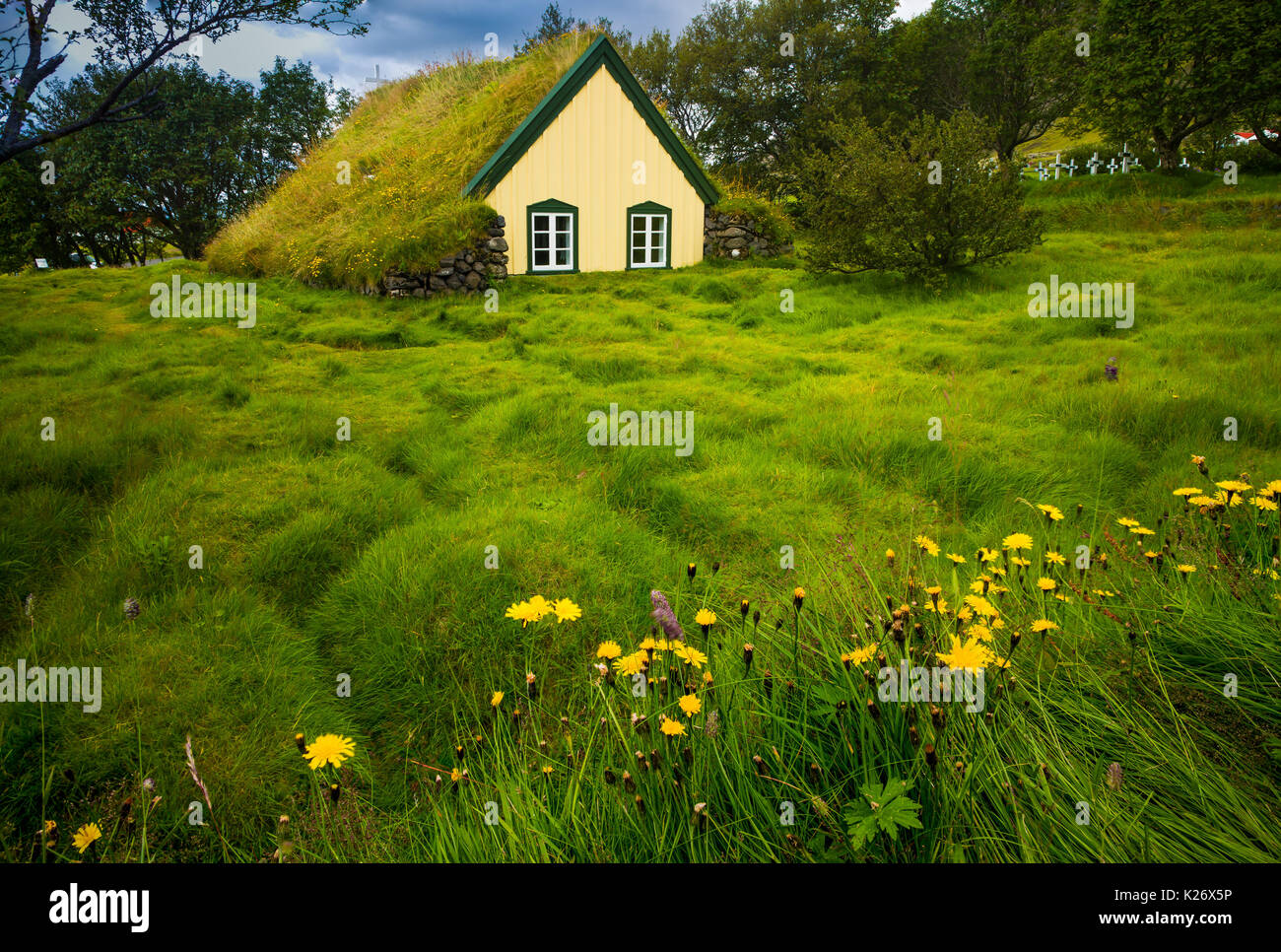 Hof, in Öraefi, è un cluster di aziende agricole nel comune di Sveitarfélagið Hornafjörður nel sud-est dell'Islanda, vicino al ghiacciaio Vatnajökull e venti Foto Stock