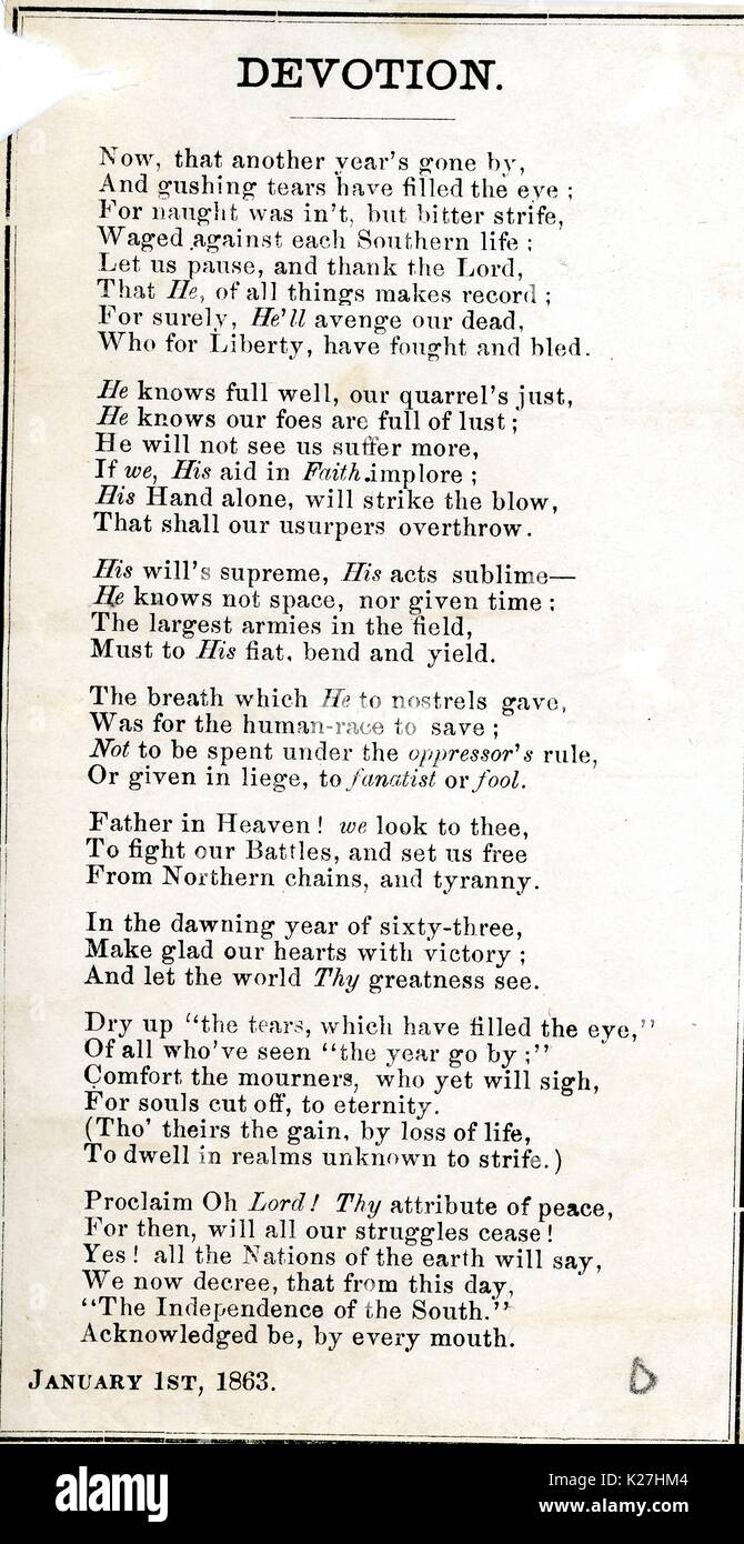 Costeggiata dalla guerra civile americana, intitolata "evotion, ' chiedendo al Signore di impostare il Sud confederato libera dalla tirannia dell'Unione europea a nord e a vendicare la vita dei soldati hanno perso in battaglia, 1863. Foto Stock