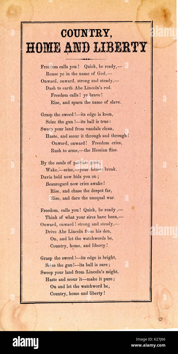 Costeggiata dalla guerra civile americana, intitolata "Paese, Home e libertà, ' chiamando per la Confederazione a prendere le armi contro di Abraham Lincoln e l'Unione del Nord nel nome del paese, la casa e la libertà, 1861. Foto Stock