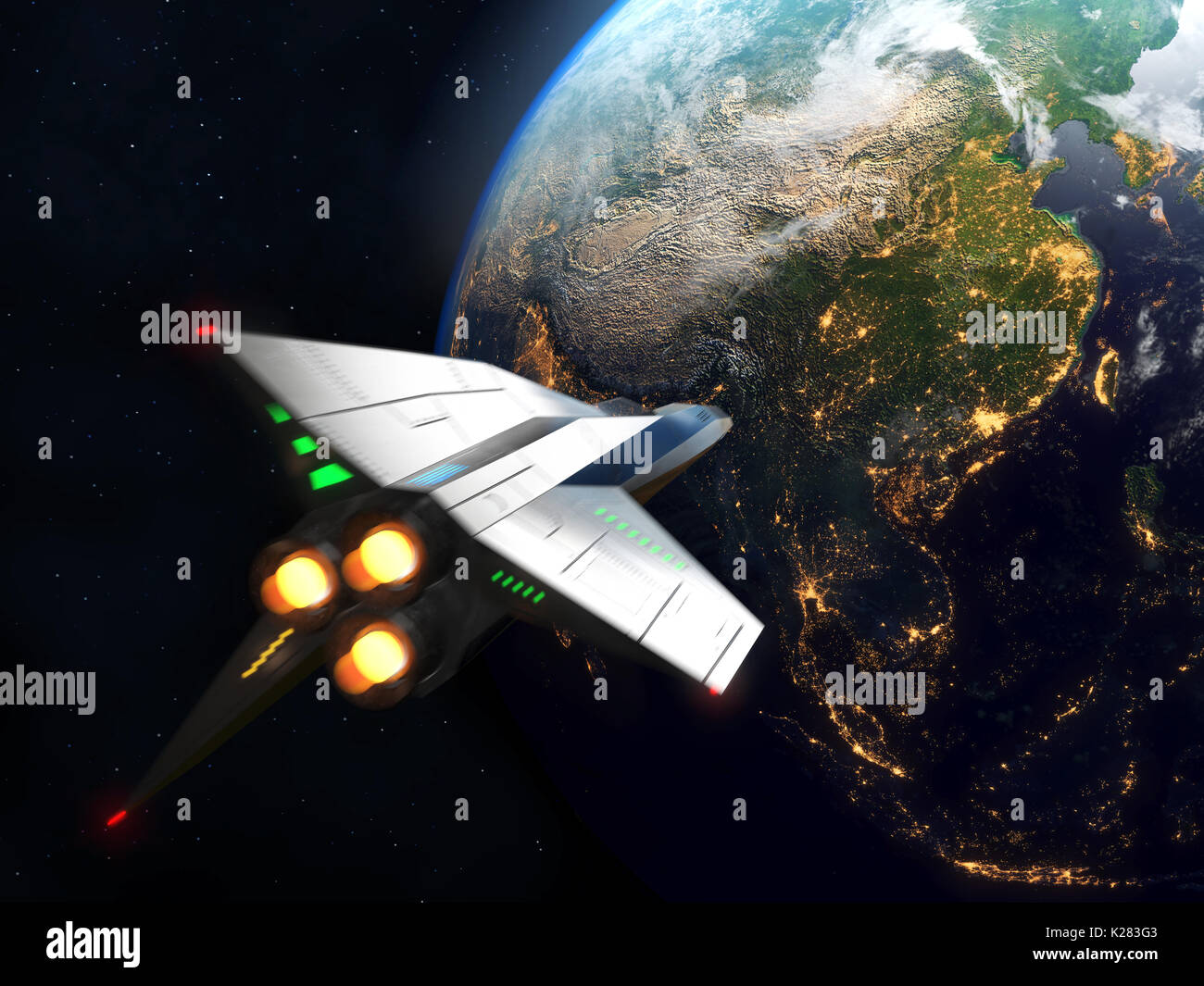 Astronave arriva a terra. Gli elementi di questa immagine fornita dalla NASA. Foto Stock