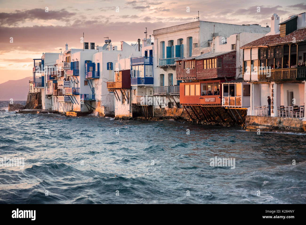Sera colpo di Little Venice, Mykonos, Grecia. Foto Stock