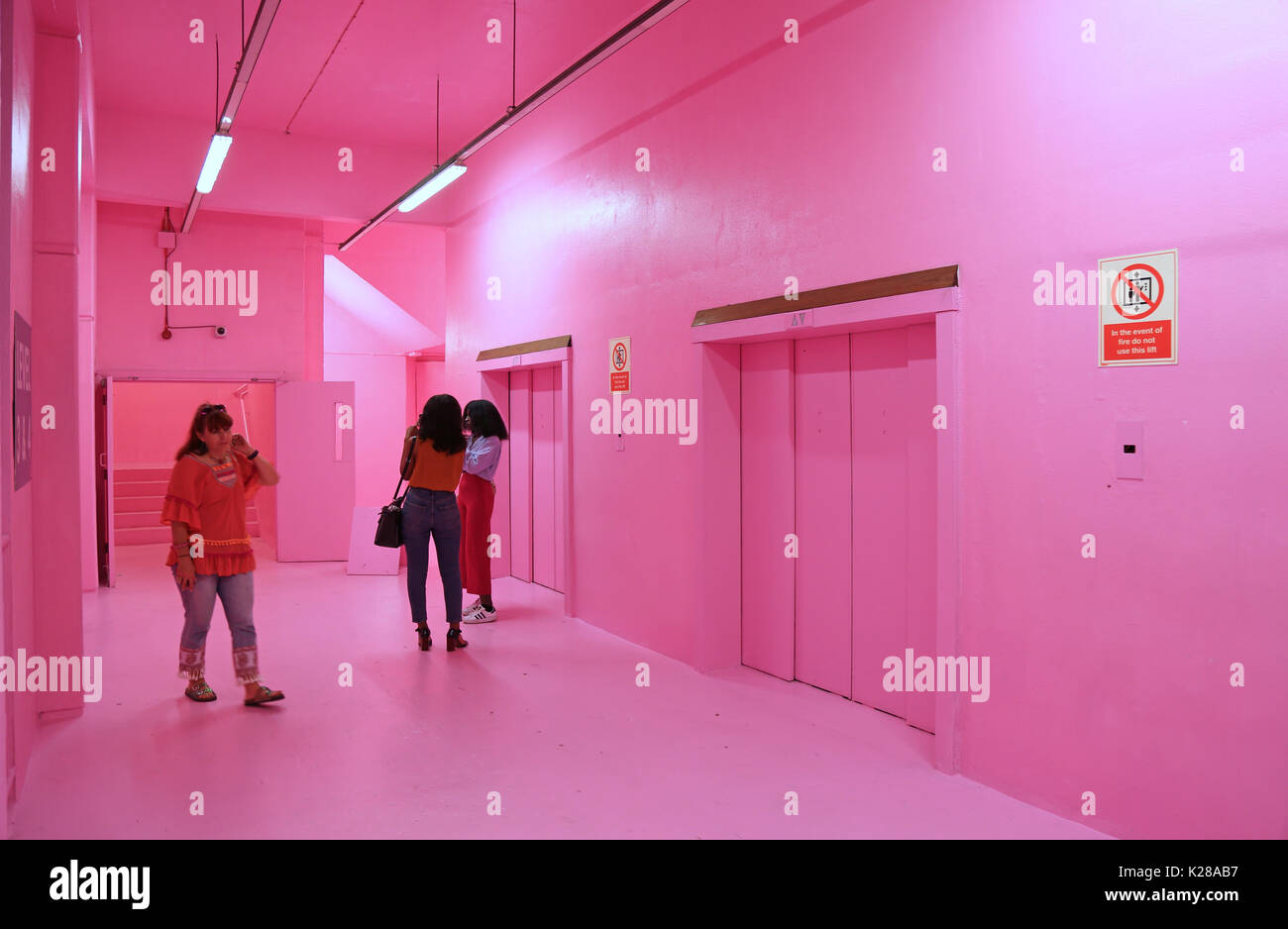 La rosa intenso scala e ascensore lobby che conduce al franchi bar sul tetto in Peckham, Londra, Regno Unito. Intitolato "Hi boo ti amo' dall'artista Simon Whybray. Foto Stock