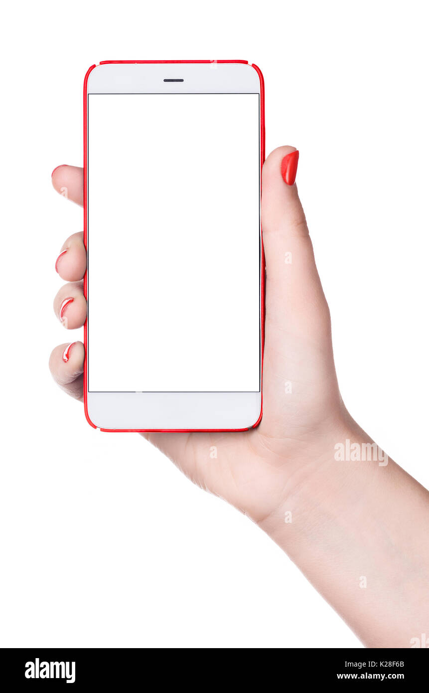 Telefono femminile. Cornice moderna-meno smartphone con schermo vuoto in mano femmina isolati su sfondo bianco Foto Stock