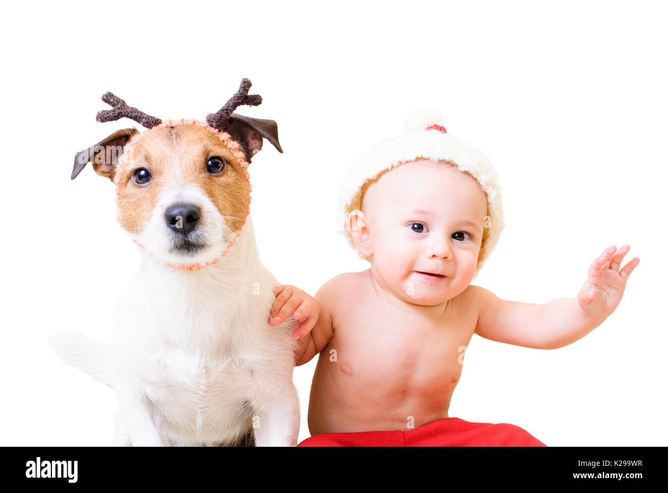 Po' di Babbo Natale e il suo divertente renne isolati su sfondo bianco Foto Stock