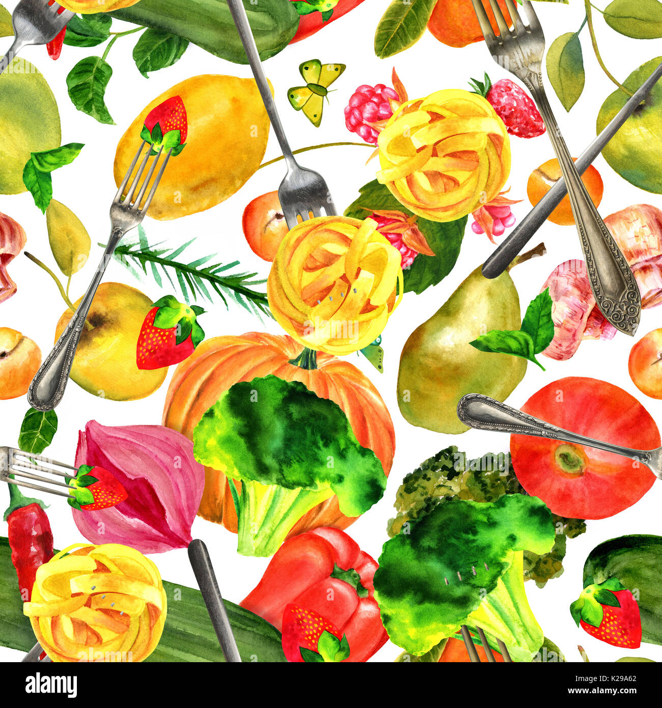Modello senza giunture, cibo vegan acquarello e collage foto Foto Stock