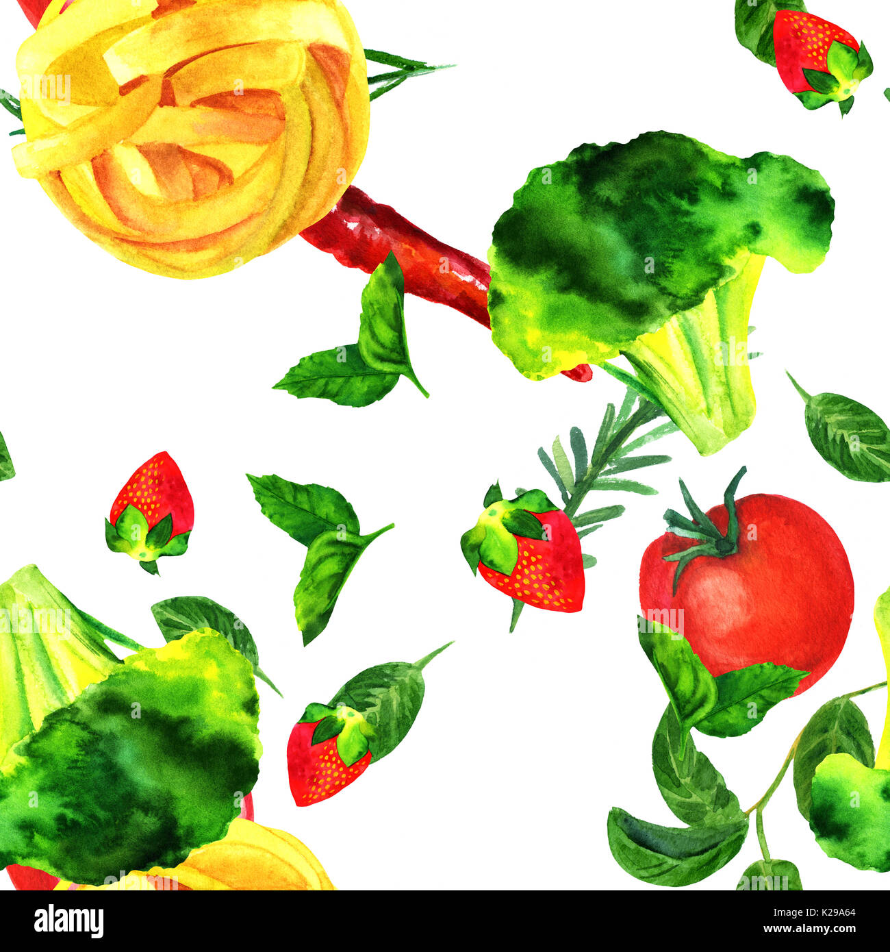Modello senza giunture di acquerelli di cibo vegan disegni a tema Foto Stock