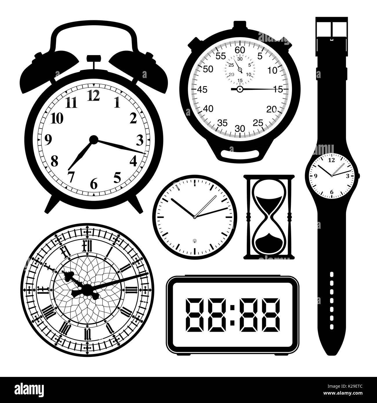 Orologio e collezione di orologi in bianco e nero - illustrazione ...