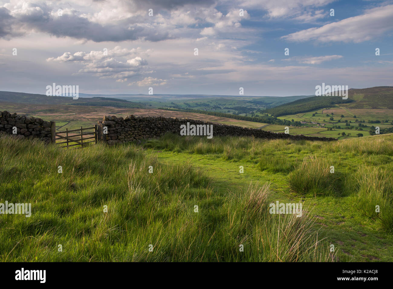 Porta di campo nella pittoresca campagna di laminazione, nello Yorkshire, Inghilterra, Regno Unito - Appletreewick nella valle di Wharfedale oltre & Simon sede del vertice a destra. Foto Stock