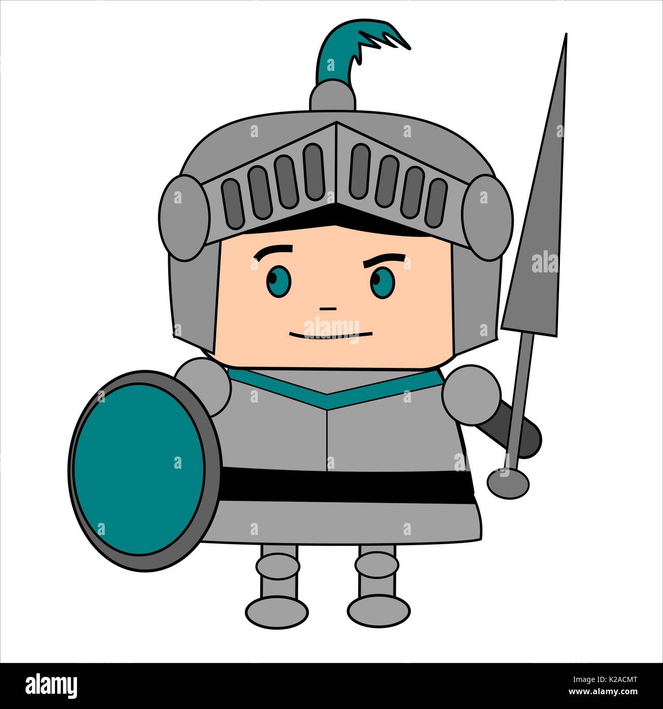 Cartoon cavaliere medievale in costume di armor, con il casco, la lancia e lo scudo. Illustrazione Vettoriale
